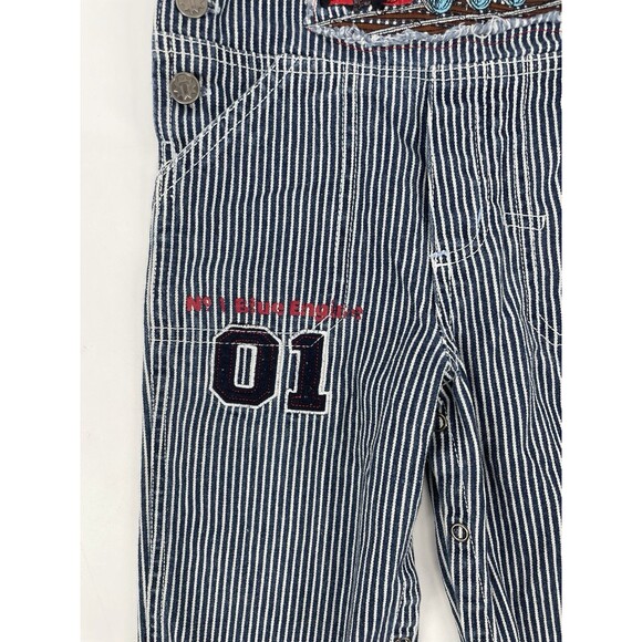 Vintage Y2K Boys Thomas The Train Pinstripe Overalls Denim Jeans Embroidered 18M - Picture 3 of 12